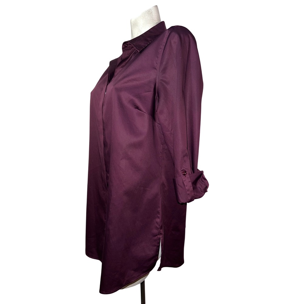 Chico's Plum Purple Sateen Roll Tab Long Sleeve Button Down Tunic Top Size (1) M - Picture 7 of 11